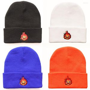 Berets Lustige Calcifer Teufel Cosplay Beanie Hut Stickerei Flamme Gestrickte Kappe Nette Feuer Muster Schädel Motorhaube Für Halloween Party Geschenk