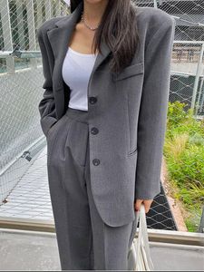 Women's Two Piece Pants Spring Women Chic Grey Blazer 2 Pieces Casual Loose Suit Jackets And Pantsuit Korean Fashion Work Wear Female