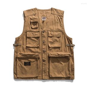 Men's Vests Men Summer Retro Multi-pocket Vest Mens Vintage Casual Cotton Short Safari Style Loose Coat Waistcoat Male