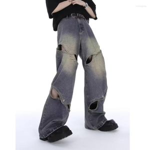 Men's Jeans 2023 Spring And Autumn Metal Button Splicing Heavy Design Hollow Sense Of Wide-leg For Men Women