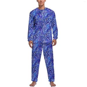 Erkekler pijama mavi paisley pijamalar bahar 2 adet vintage baskı retro pijama setleri adam uzun kollu eğlence basılı basılı gece kıyafetleri