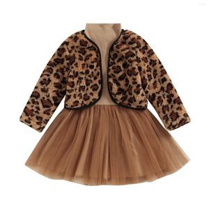 Clothing Sets Kid Baby Girl 2Pcs Winter Outfits Long Sleeve Tulle Dress Fleece Leopard Jacket Set Fashion 4-7T