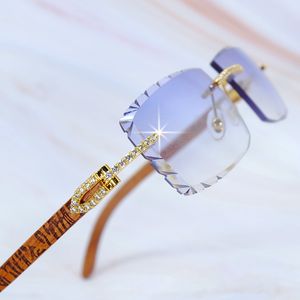 Rhinestones Sun Glasses Rimless Diamond Cut Sunglasses Iced Out Craved Wood Carter Luxury Shades Eyewear Mens Decoration Gold Frame