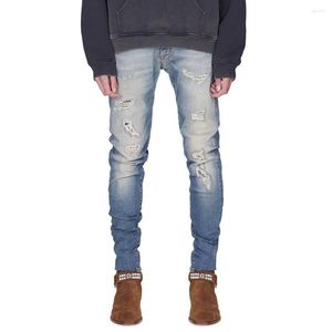 Calças de brim masculinas moda estiramento riscado buracos magro ajuste hip hop homens denim calças lápis calças streetwear azul preto