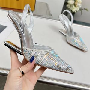 Top Quality Brand Sandals Women Wedge Heel Designer Shoes Fashion Crystal Decoration 10CM Shaped Heels Wrap Toe Pointed Ankle Strap Back Empty Dress Shoe