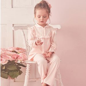 Pigiama Bambini Ragazza Lolita Rosa Pigiama Set Colletto con risvolto Top Pantaloni Vintage Bambino Pigiama per bambini Set Royal Style Sleep Loungewear 230906