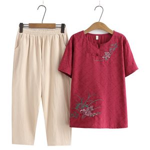 Women's Plus Size Tracksuits Sets 2023 Summer Chinese Style Button Flower Embroidery TShirt Loose Pants Two Piece Oversized Curve Clothes 230905