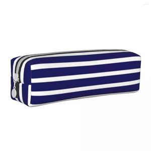 Blue White Striped Square Pencil Case Summer Nautical Stripes Pattern Retro Leather Box School For Teens Zipper Pen Pouch