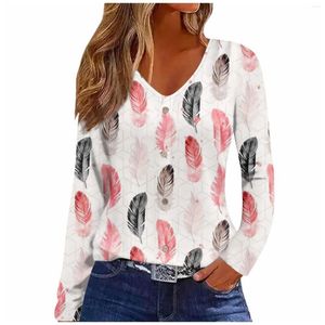 Camisas femininas moda casual impresso com decote em v manga comprida botão camiseta superior impressão blusa camisa feminina elegante