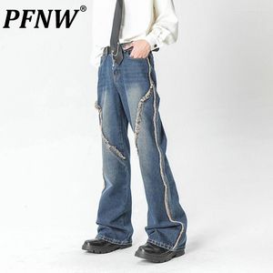 Jeans masculinos pfnw maré larga perna design cintura alta calças jeans primavera outono solto borda irregular elegante moda calças 12z4541