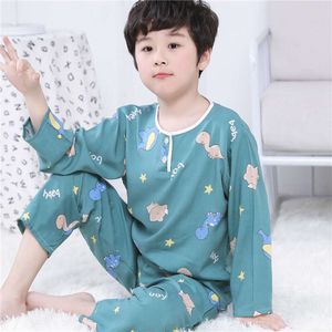 Summer children's pajamas cotton silk boys' and girls' long sleeve thin section middle-aged children's baby girls' cotton silk home clothes set