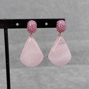 Brincos KKGEM 20x25mm Fúcsia Cz Pave Natural Quartzo Rosa Forma de Leque Pedra Preciosa