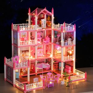 Acessórios para casa de boneca Casas de boneca 3D montadas DIY Miniaturas Acessórios para casa de bonecas Villa Princesa Castelo com luz LED Menina presente de aniversário Casa de brinquedo 230905