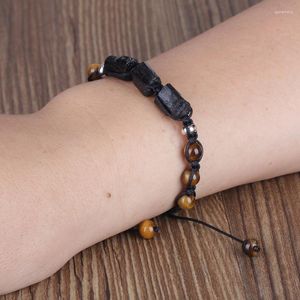 Strang 1 Stück Charme natürliche raue schwarze Turmalin Heilstein Perle gelb braun Tigerauge Nylon Seil verstellbare Webart Armband Unisex