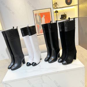 Stivali al ginocchio Stivale firmato Donna Stivaletti in pelle di velluto Vernice trapuntata Scarpa in pelle di agnello bianca nera Tacco grosso Scarpe invernali classiche