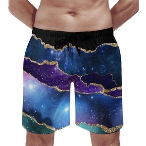 Herren-Shorts, violett, blaugrün, goldfarben, glitzernd, Marmorbrett, elegante Galaxie, Pirnt, klassische Strand-Shorts, Laufen, Surfen, schnell trocknende Badehose