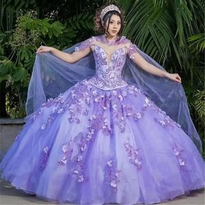 Quinceanera Ball Gown Dresses Light Purple High Neck Lace Appliques Crystal Beads Hand Made Flowers Plus Size Prom Evening Gowns With Cape 403