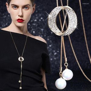 Colares de pingente elegante círculo de cristal longo colar para mulheres goldsilver cor corrente ajustável borla simulada pérola