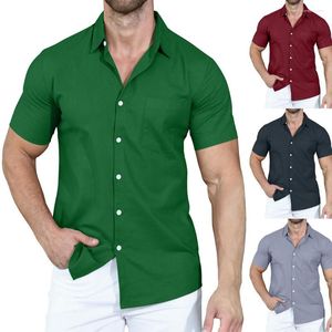 Camisas casuais masculinas 2023 Botão de pólo de cor sólido de verão de verão camisa de manga curta solta para homens