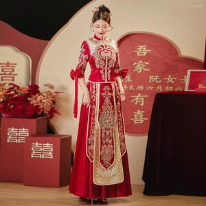 エスニック服ヴィンテージスパンコールビーズボウアップル中国伝統的な女性ウェディングチョンサムオリエンタルエレガントな花嫁ドレスガウンQIPAO