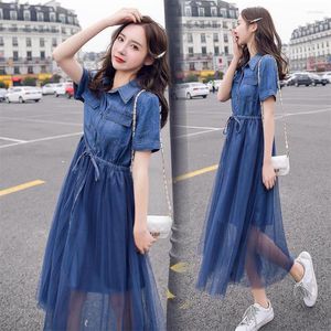 Kadınların Trailtsits Mesh Patchwork denim midi elbise Kadınlar Kısa Kollu Yatak Ofisli Elbiseler Kadın İlkbahar Yaz Kot pantolon