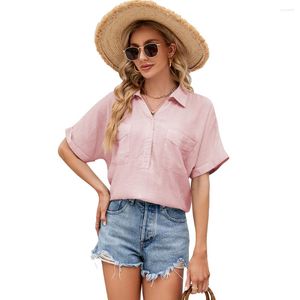 Women's Blouses Temperament Commuter Cotton Linen Shirt All-match Short-sleeved Button-up Pocket V-neck Ladies Top Solid