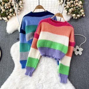 Kadın Sweaters Kore tarzı çizgili kazak tatlı o-boyun tam kollu örgüler moda gevşek kadınlar üstleri sıradan tüm eşleşmiş kadın