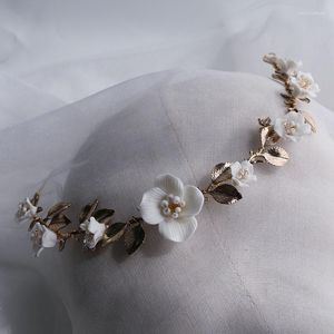 Hårklämmor Antik guldfärg bröllop tiara pannband porslin blomma blad huvudstycke för brud huvudbonad hårband kvinnor smycken
