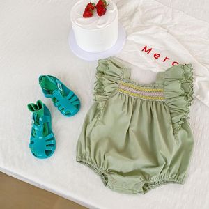 Macacão roupas de verão para bebês manga voadora de uma peça menina sólida cor verde macacão bordado triângulo subir terno nascido macacão