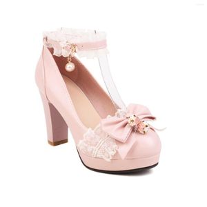 Dress Shoes Girls Sweet Mary Jane Lolita Ruffles Bowknot Lace Bridal Wedding Women High Heel Bordered Princess Men Pink Size 43