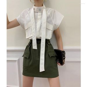 여성용 재킷 2023 유럽 여름 캐주얼 패션 작업복 스커트 라이트 성숙한 스타일 셔츠 짧은 2 조각 세트 세련된 세트 및