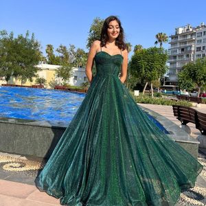 Spaghetti Strap A-Line Prom Dresses Glitter Exposed Boning Evening Gown Sweep Train Womens Maxi Dress 326 326