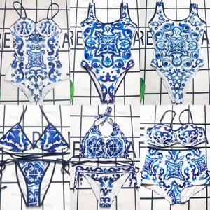 Женские купальники Сине-белый фарфоровый жаккардовый комплект с подкладкой для груди Комплект бикини Мужские плавки Классический роскошный дизайнерский пляжный отдых