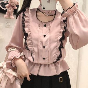 Kadınlar bluzları kawaii kadın bluz lolita tatlı üstleri sevimli Japon tarzı uzun kollu gömlek dantel tees zarif harajuku estetik tişört 2023