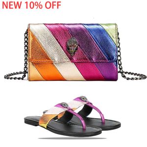 Ny Rainbow Flat Lady Slippers Love Color Patchwork Owl Chain Crossbody Bag Set