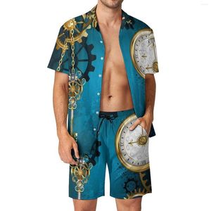 Men's Tracksuits Steampun Clock Men Sets Skeleton Key Print Casual Shorts Summer Cool Vacation Shirt Set Short Sleeve Custom Plus Size Suit