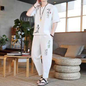 Men's Tracksuits Summer Chinese Traditional Linen Tang Suit Cotton T-shirt Pants