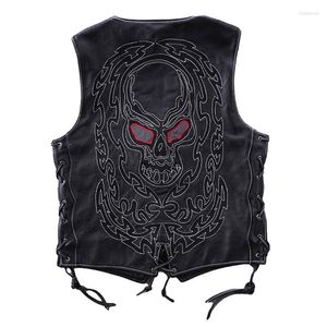 Men's Vests Black Genuine Leather Vest Men Motorcycle Style Plus Size 5XL Real Cowhide Spring Slim Fit Short Skulls Embroidery Biker Coat