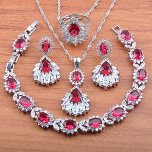 Halsbandörhängen Set Luxury Rose Red Crystal 925 Silver Jewelry for Women Wedding Pendant Rings Armband JS0477