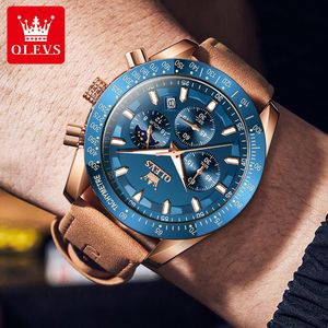 Relógios de pulso Olevs 9957 pulseira de couro genuíno relógio esportivo para homens quartzo multifuncional à prova d'água relógio de pulso luminoso fase da lua crono 230905