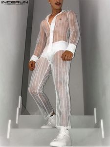 Tracksuits masculinos 2023 moda homens conjuntos de malha retalhos transparente streetwear lapela manga longa camisa calças sexy ternos duas peças incerun 7 230906