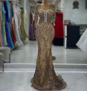 2023 Aso Ebi Arabo Oro Sirena Abito da ballo Bordato Cristalli Sera sexy Festa formale Secondo ricevimento Compleanno Abiti di fidanzamento Abiti Robe De Soiree ZJ367