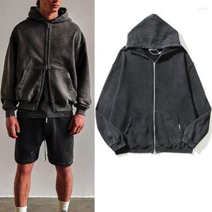 Men's Hoodies High Street Retro Washed Black Hooded Dirty Cut Zipper Jackets Men Women Blank Harajuku Oversized Casual Sweatshirts