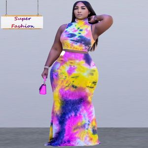 Mulheres Plus Size Tracksuits XL5XL Set Roupas Verão Sexy Tie Dye Sem Mangas Top e Saia Longa 2 Duas Peças Conjunto Vestido Terno Atacado 230906