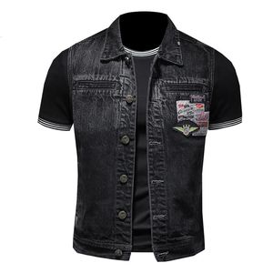 Gilet da uomo Marchio di qualità Uomo Gilet di jeans monopetto con disegni di toppe Primavera Autunno Capispalla Abbigliamento maschile 230905