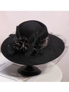 Wide Brim Hats Bucket Hats Veil Black Women Winter Fedora 100% Australian Wool Cloche Hats Female Wide Brim Felt Hat Ladies Bowknot For Church Caps 56-58cm 230905
