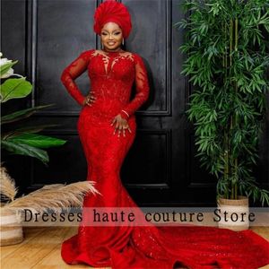 Abiti da festa Aso Ebi Red Sequin Lace Evening 2023 Nigeriano per le donne Manica lunga Sirena Abito da ballo Abiti da sposa