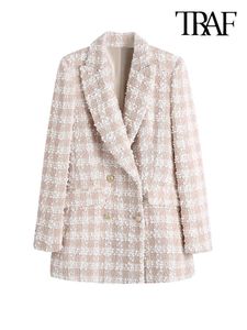 Abiti da donna Blazer TRAF Moda donna Tweed Blazer doppio petto Cappotto Vintage Manica lunga Tasche con patta Capispalla femminile Chic Veste Femme 230906