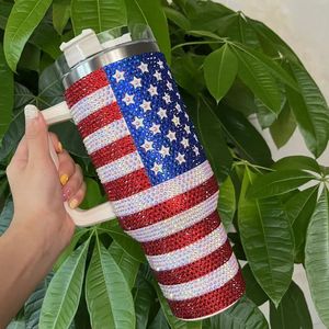 40 Oz US Flag Tumbler With Handle Insulated Stainless Steel Double Wall Water Cup Travel Mug Water Bottle G0906