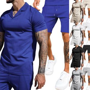 Tute da uomo Estate Uomo Casual Polo Suit Risvolto Cerniera Solido Camicia a maniche corte Pantaloncini con coulisse Set sportivi in 2 pezzi